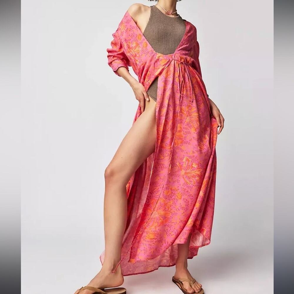 Jen's Pirate Booty Garden Party Row Maxi Wrap Dress Pink Orange Small - Picture 2 of 14